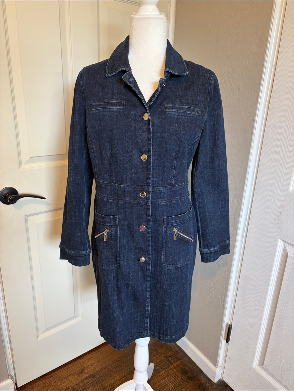 Chico's Elongated Dark Blue Denim Midweight Long Jean Jacket Dress